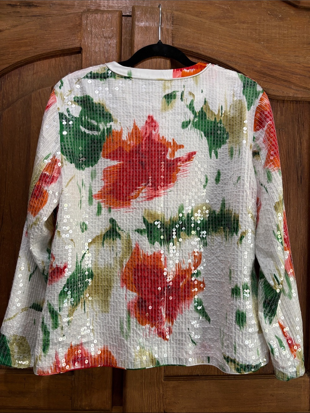Chico's White Floral Sequin Zip Jacket with Green and Orange Print - Picture 5 of 6